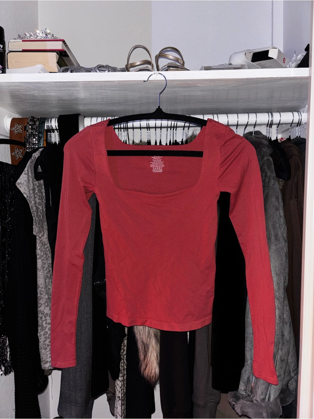 Free People Slim Long Sleeve Square Neck Top - Coral Red
